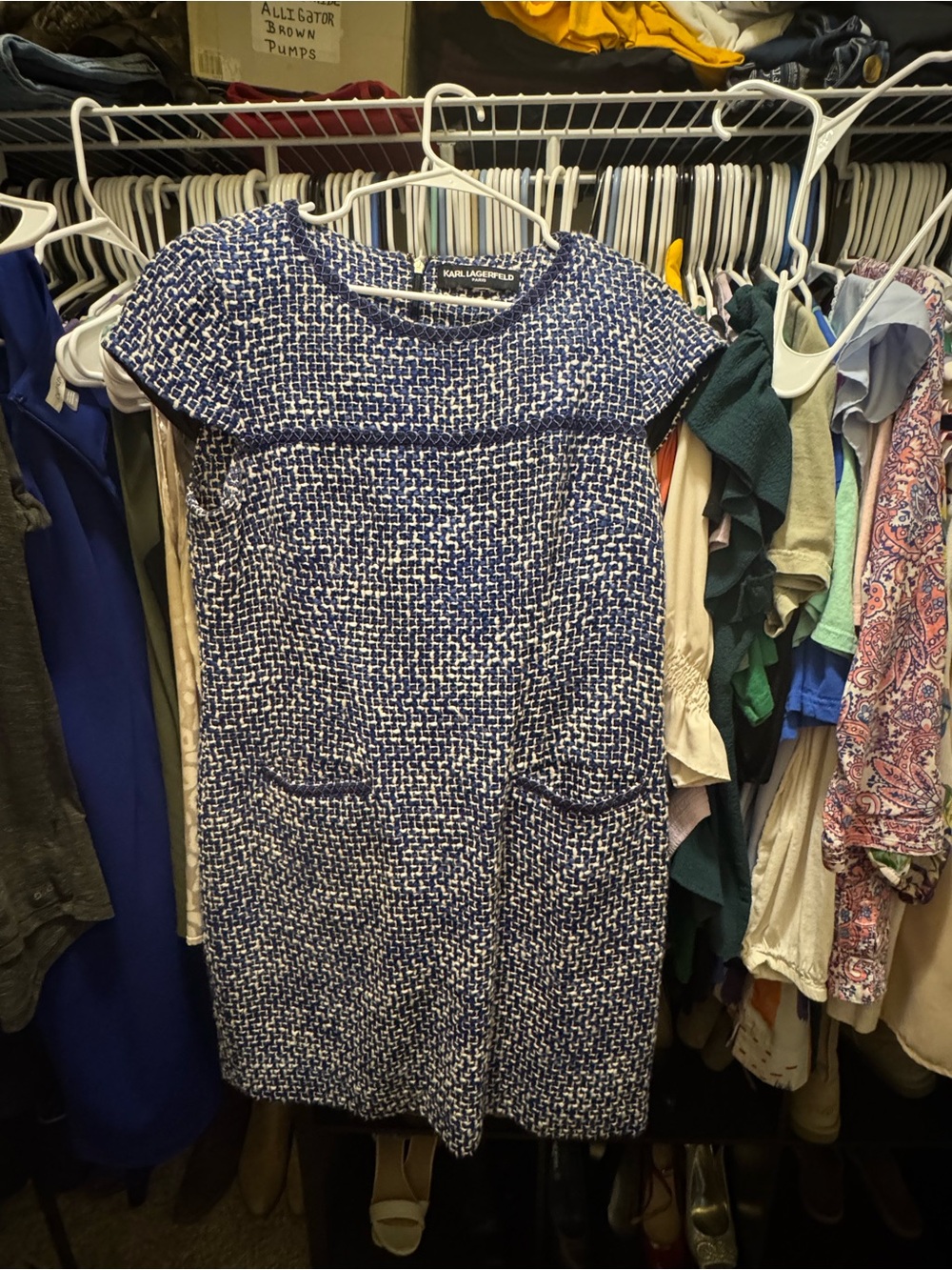 Karl Lagerfeld Blue and White Tweed Midi Shift Dress